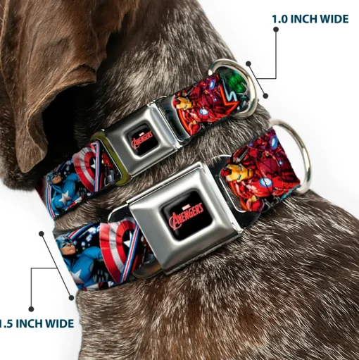 MARVEL AVENGERS Logo Full Color Black/Red/White Seatbelt Buckle Collar - Marvel Avengers Superhero/Villain Poses