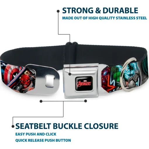 MARVEL AVENGERS Logo Full Color Black/Red/White Seatbelt Buckle Collar - Marvel Avengers Superhero/Villain Poses