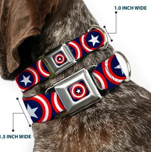 MARVEL COMICS Captain America Shield Full Color Navy Seatbelt Buckle Collar - Captain America Shield Repeat Navy