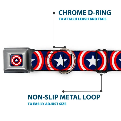 MARVEL COMICS Captain America Shield Full Color Navy Seatbelt Buckle Collar - Captain America Shield Repeat Navy