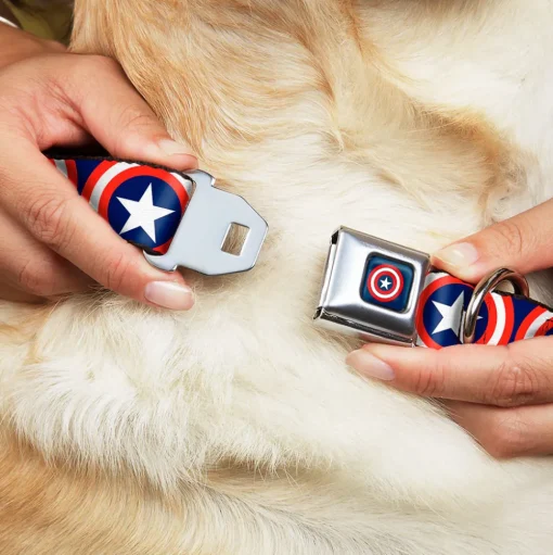 MARVEL COMICS Captain America Shield Full Color Navy Seatbelt Buckle Collar - Captain America Shield Repeat Navy