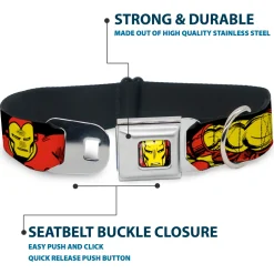 MARVEL COMICS Iron Man Face Full Color Red Yellow Seatbelt Buckle Collar - THE INVINCIBLE IRON MAN Action Poses Black/Red/Yellow
