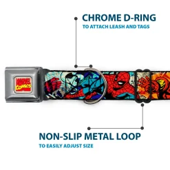 Marvel Comics Logo Full Color Seatbelt Buckle Collar - 4-Superhero Action Poses/Comic Scenes White/Black/Full Color Splatter