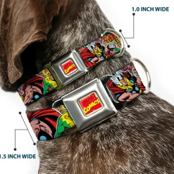 MARVEL COMICS Marvel Comics Logo Full Color Seatbelt Buckle Collar - Thor & Loki Poses/Retro Comic Books Stacked