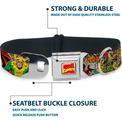 MARVEL COMICS Marvel Comics Logo Full Color Seatbelt Buckle Collar - Thor & Loki Poses/Retro Comic Books Stacked