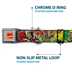 MARVEL COMICS Marvel Comics Logo Full Color Seatbelt Buckle Collar - Thor & Loki Poses/Retro Comic Books Stacked
