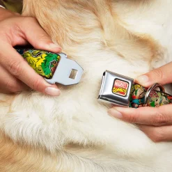 MARVEL COMICS Marvel Comics Logo Full Color Seatbelt Buckle Collar - Thor & Loki Poses/Retro Comic Books Stacked