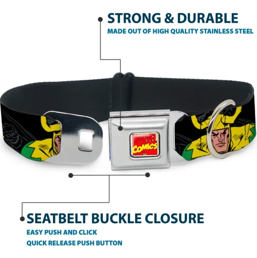 MARVEL COMICS Marvel Comics Logo Full Color Seatbelt Buckle Collar - LOKI in Action Black/Gray/Yellow/Green
