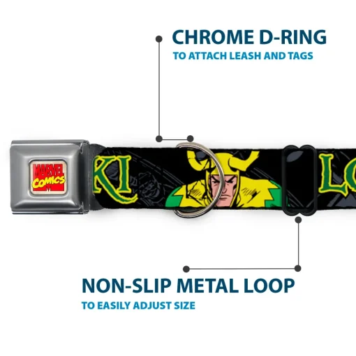 MARVEL COMICS Marvel Comics Logo Full Color Seatbelt Buckle Collar - LOKI in Action Black/Gray/Yellow/Green