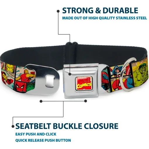 MARVEL COMICS Marvel Comics Logo Full Color Seatbelt Buckle Collar - MARVEL/Retro Comic Panels Black/Yellow