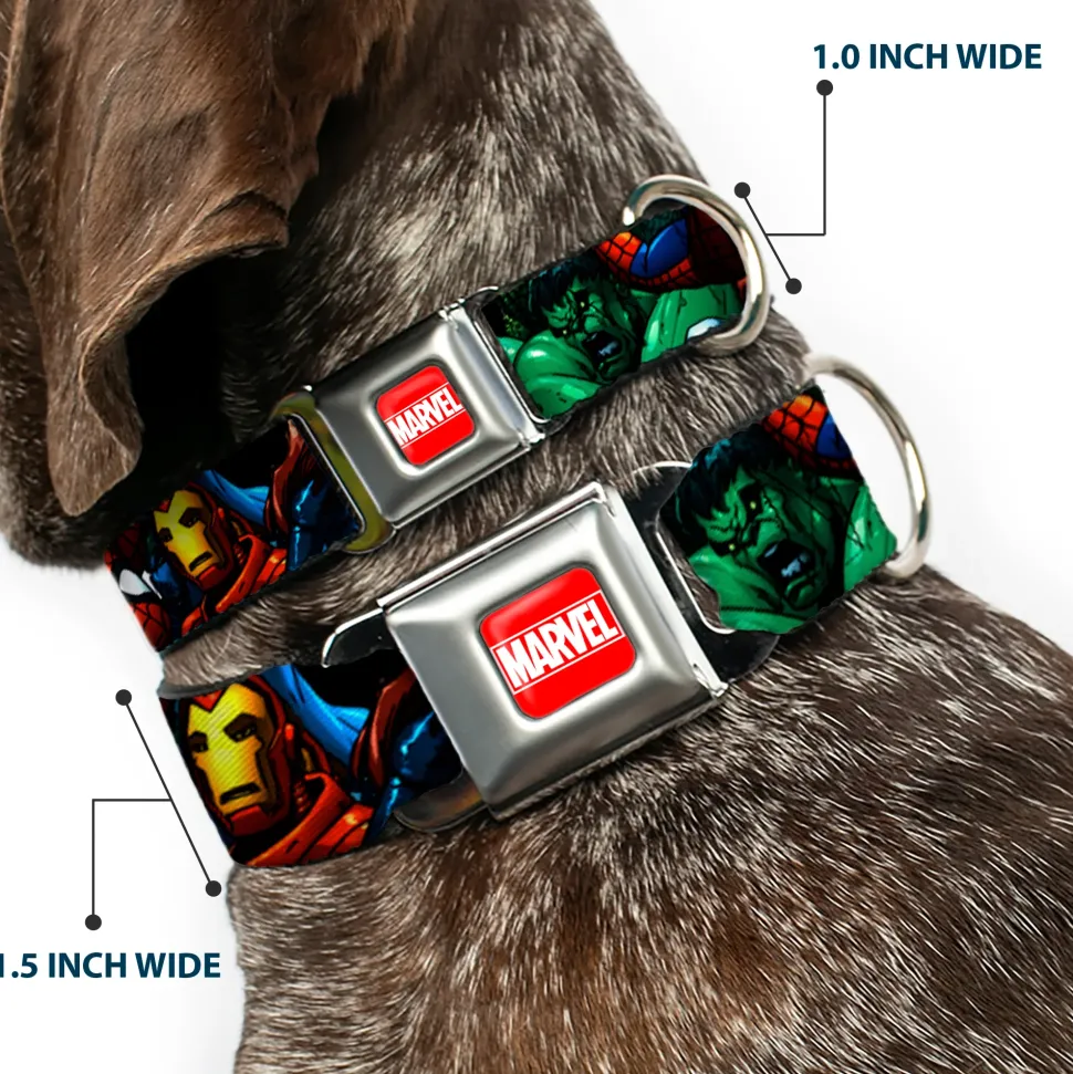 MARVEL Full Color Red/White Seatbelt Buckle Collar - Marvel Universe Superheroes Stacked