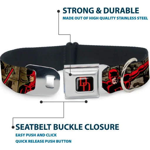 MARVEL UNIVERSE Daredevil DD Logo Full Color Black Red Seatbelt Buckle Collar - DAREDEVIL Action Poses/Comic Panels Grays/Red