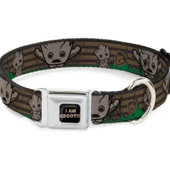MARVEL UNIVERSE I AM GROOT!! Full Color Black Brown Seatbelt Buckle Collar - Kawaii Groot 2-Poses/Guardians Badge Browns/Green