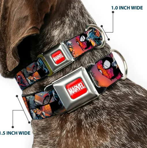 MARVEL UNIVERSE MARVEL Full Color Red White Seatbelt Buckle Collar - Spider-Man & Black Cat Scene Blocks