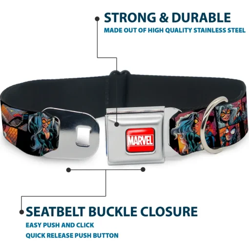 MARVEL UNIVERSE MARVEL Full Color Red White Seatbelt Buckle Collar - Spider-Man & Black Cat Scene Blocks