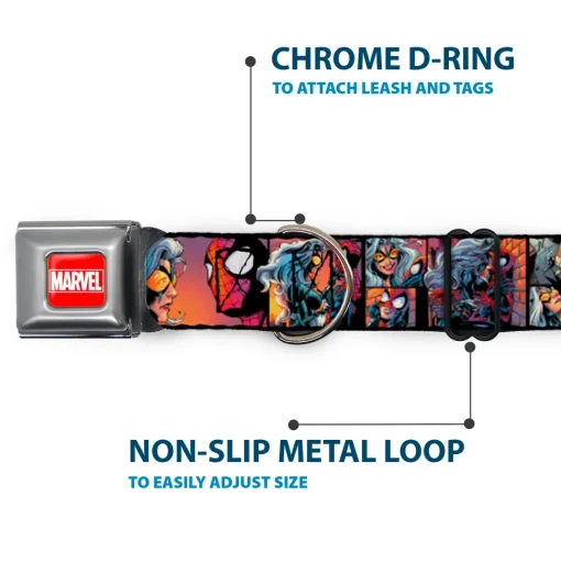 MARVEL UNIVERSE MARVEL Full Color Red White Seatbelt Buckle Collar - Spider-Man & Black Cat Scene Blocks