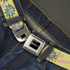 MEAN GIRLS Title Logo Full Color Black/White Seatbelt Belt - MEAN GIRLS Title Logo SO FETCH! Quote Collage Yellow/Pink/Blue Webbing