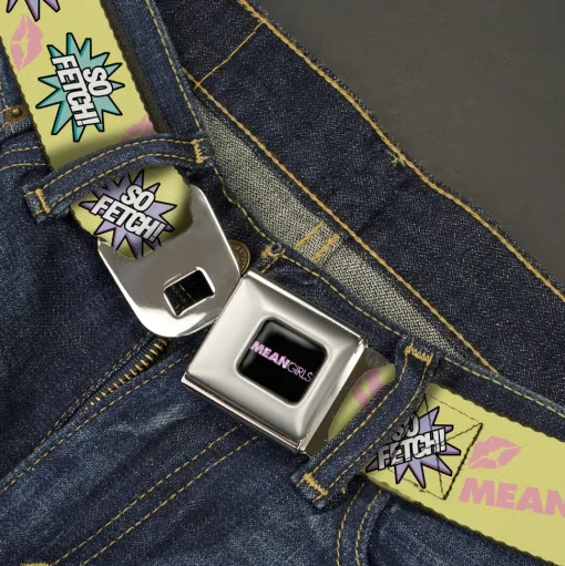 MEAN GIRLS Title Logo Full Color Black/White Seatbelt Belt - MEAN GIRLS Title Logo SO FETCH! Quote Collage Yellow/Pink/Blue Webbing