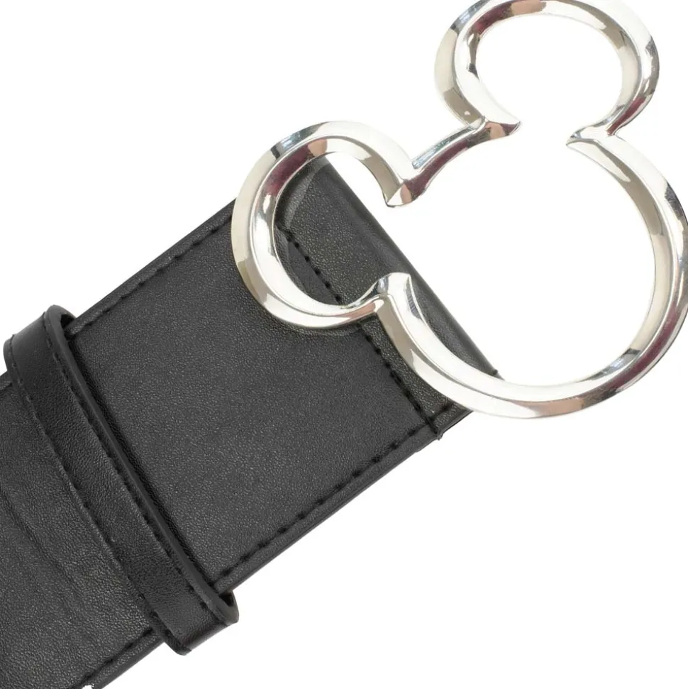 Mickey Ears Outline Silver Cast Buckle - Black PU Strap Belt