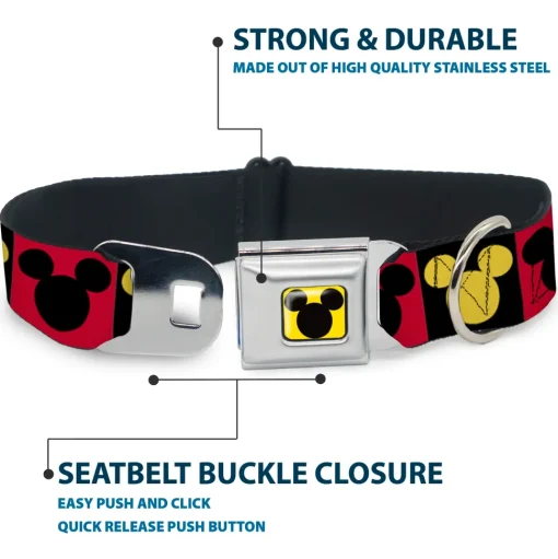 Mickey Mouse Ears Full Color Yellow/Black Seatbelt Buckle Collar - Mickey Mouse Ears Icon Blocks Red/Black/Yellow