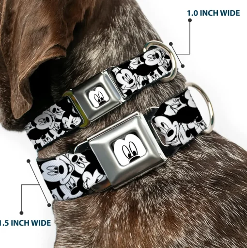 Mickey Mouse Face CLOSE-UP Full Color White Black Seatbelt Buckle Collar - Mickey Mouse Expressions Stacked White/Black