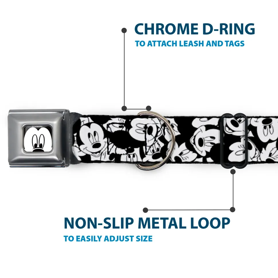 Mickey Mouse Face CLOSE-UP Full Color White Black Seatbelt Buckle Collar - Mickey Mouse Expressions Stacked White/Black