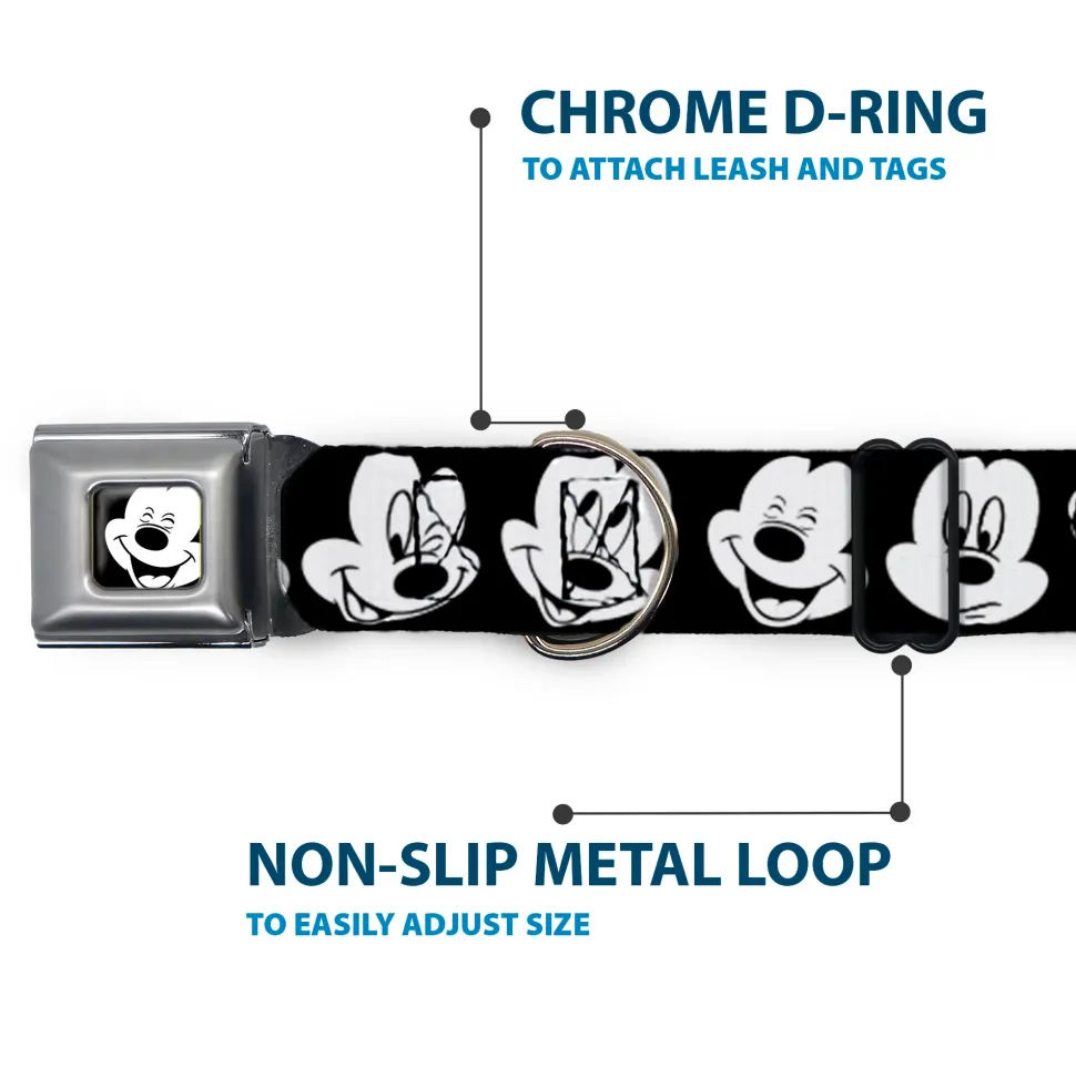 Mickey Mouse Face3 CLOSE-UP Full Color Black/White Seatbelt Buckle Collar - Mickey Mouse Expressions CLOSE-UP Black/White