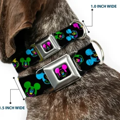 Mickey Mouse Face Full Color Black Multi Neon Seatbelt Buckle Collar - Mickey Mouse Expressions Scattered Black/Multi Neon