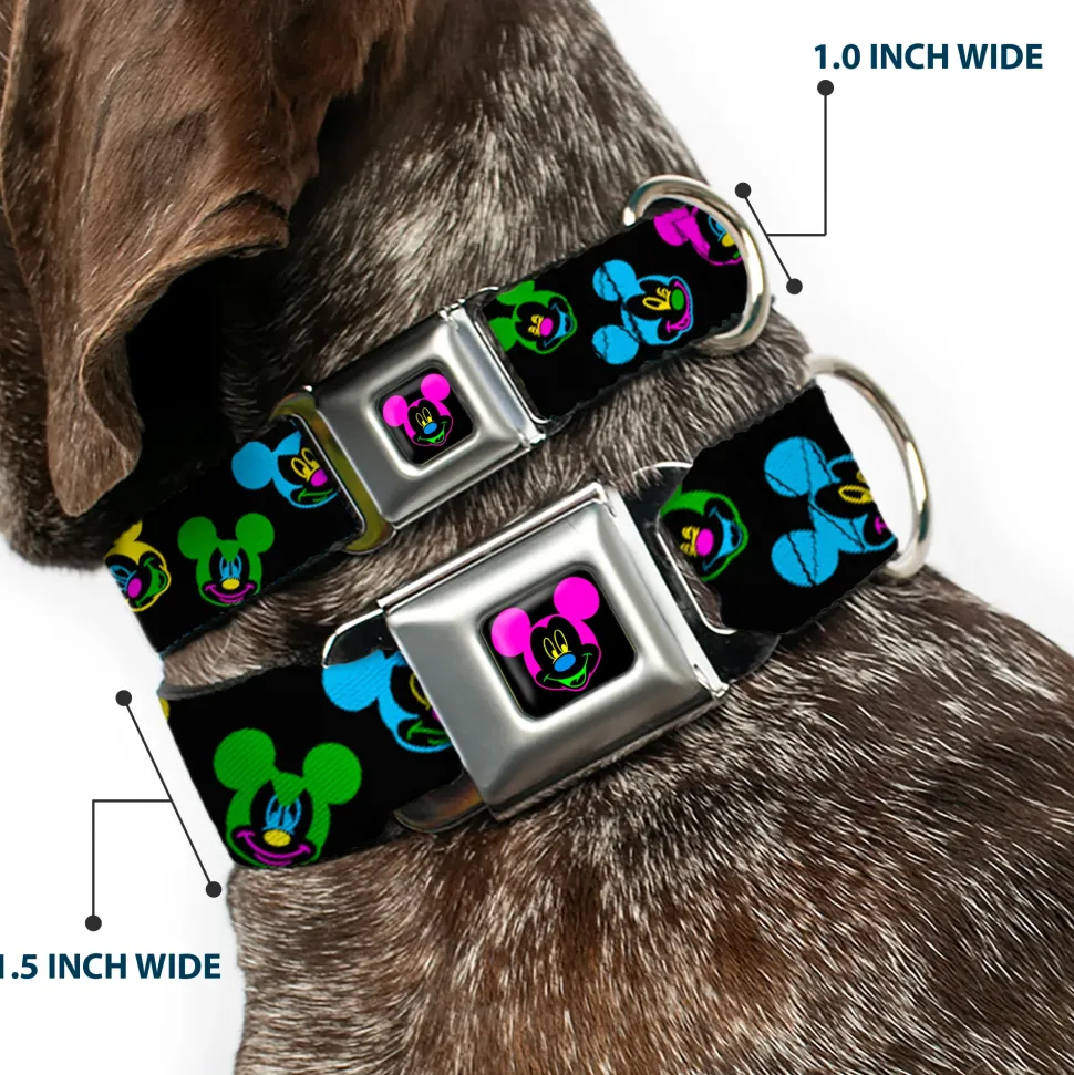 Mickey Mouse Face Full Color Black Multi Neon Seatbelt Buckle Collar - Mickey Mouse Expressions Scattered Black/Multi Neon