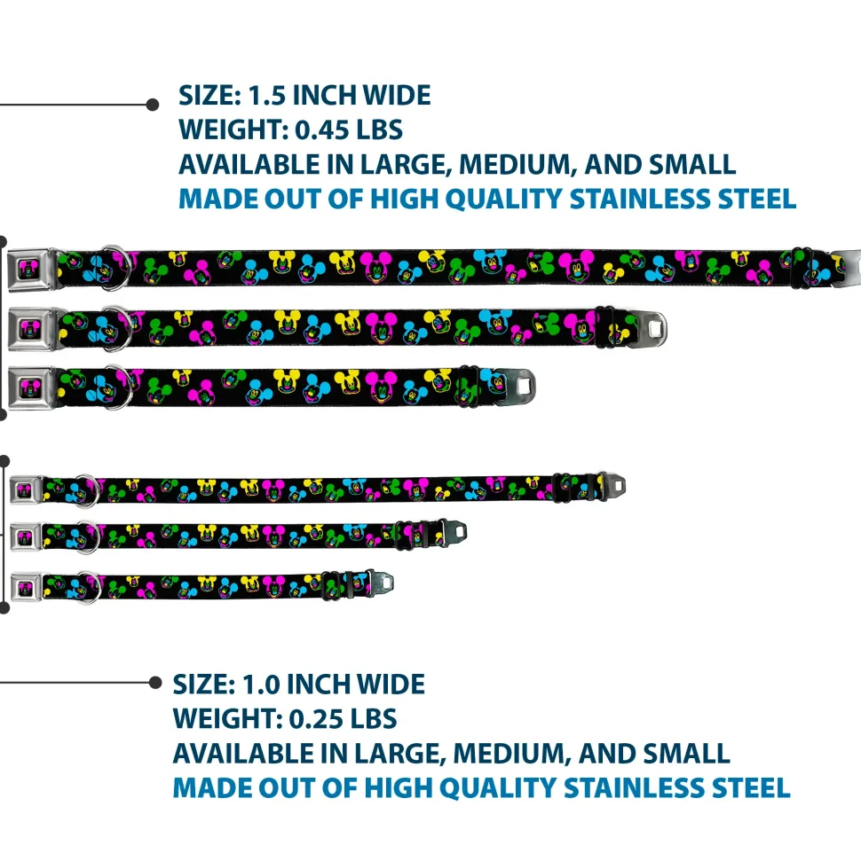 Mickey Mouse Face Full Color Black Multi Neon Seatbelt Buckle Collar - Mickey Mouse Expressions Scattered Black/Multi Neon