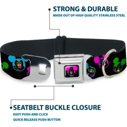 Mickey Mouse Face Full Color Black Multi Neon Seatbelt Buckle Collar - Mickey Mouse Expressions Scattered Black/Multi Neon