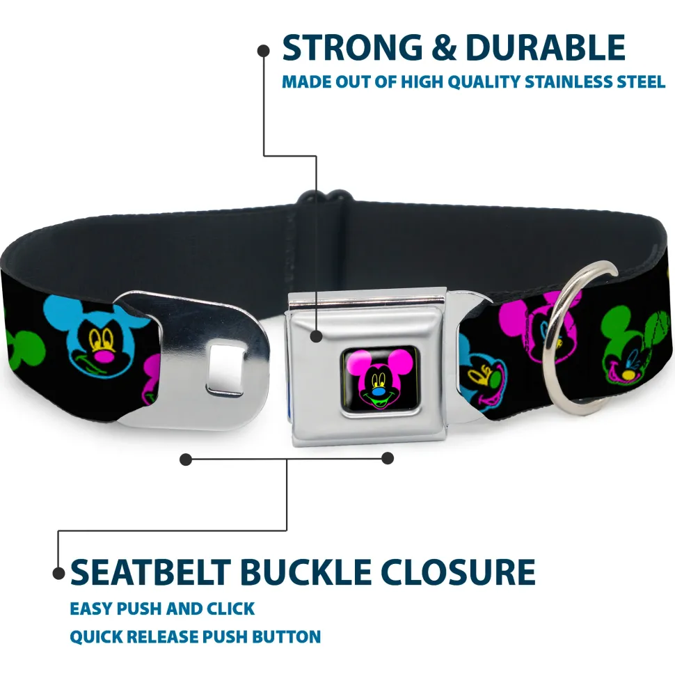 Mickey Mouse Face Full Color Black Multi Neon Seatbelt Buckle Collar - Mickey Mouse Expressions Scattered Black/Multi Neon