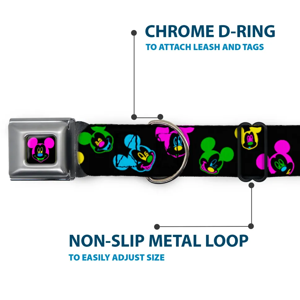 Mickey Mouse Face Full Color Black Multi Neon Seatbelt Buckle Collar - Mickey Mouse Expressions Scattered Black/Multi Neon