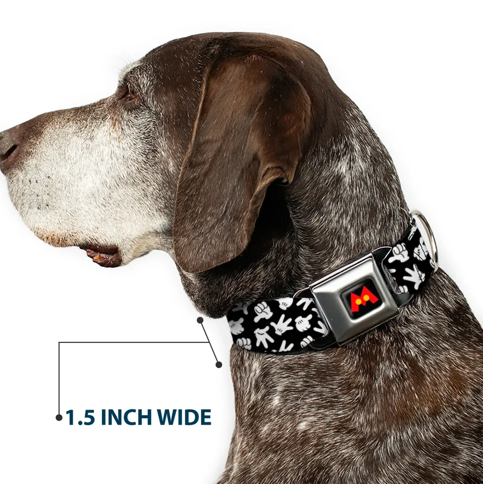 Mickey Mouse M Icon Full Color Black/Red/Yellow Seatbelt Buckle Collar - Mickey Mouse Hand Gestures2 Scattered Black/White