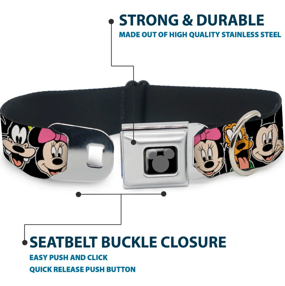 Mickey Silhouette Black Silver Seatbelt Buckle Collar - Classic Disney Character Faces Black