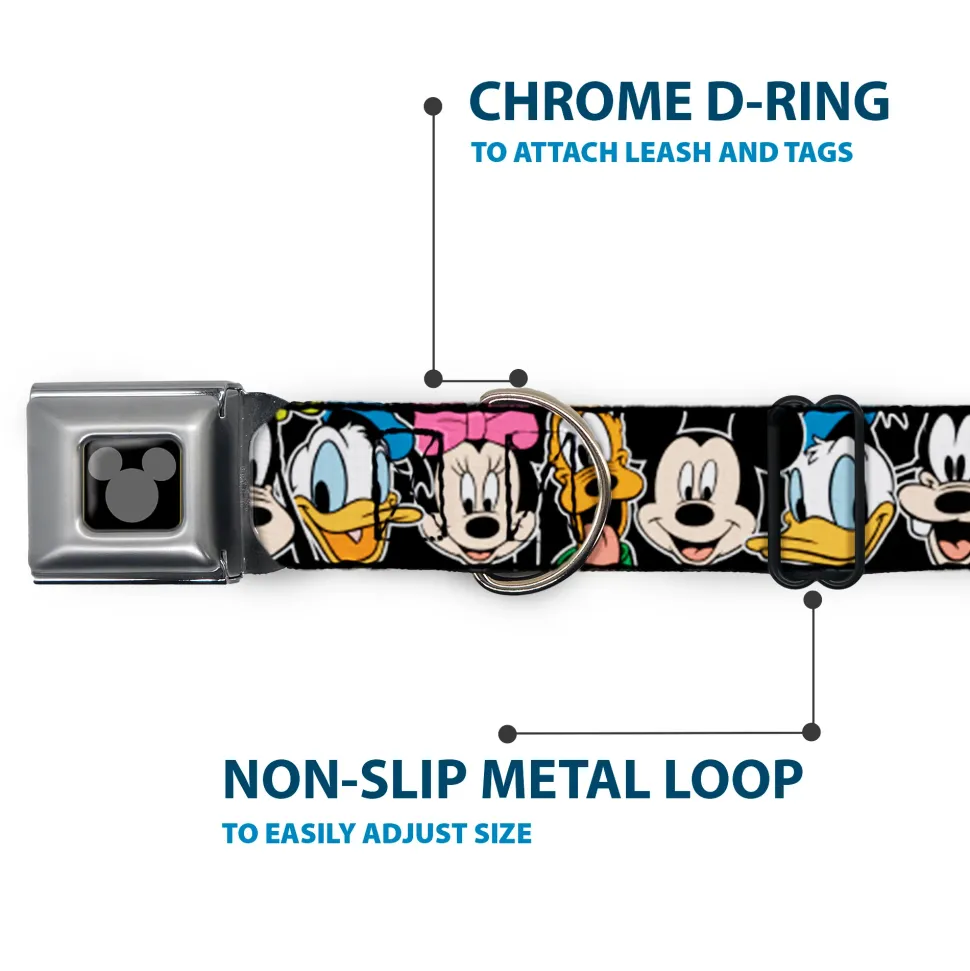 Mickey Silhouette Black Silver Seatbelt Buckle Collar - Classic Disney Character Faces Black