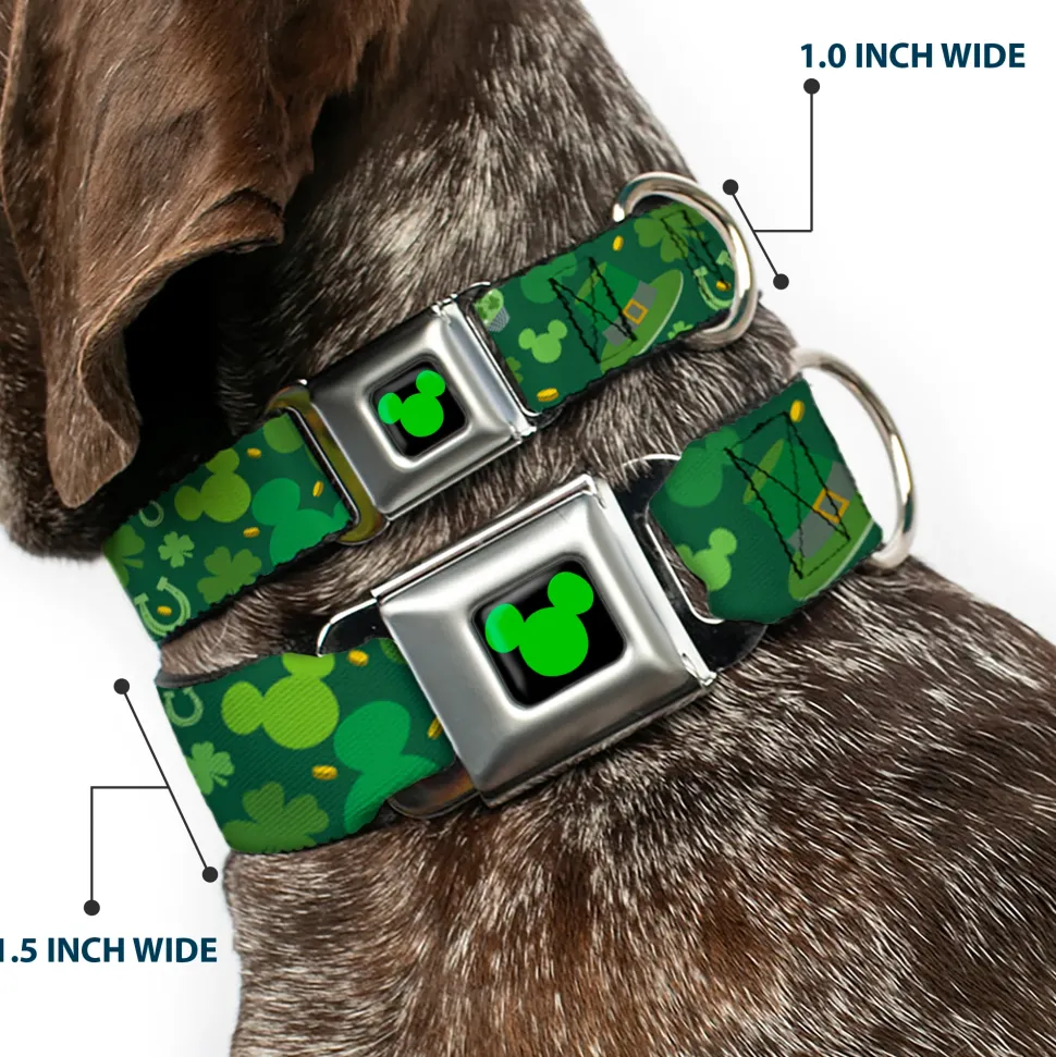Mickey Silhouette Full Color Black Green Seatbelt Buckle Collar - St. Patrick's Day Mickey Collage Greens