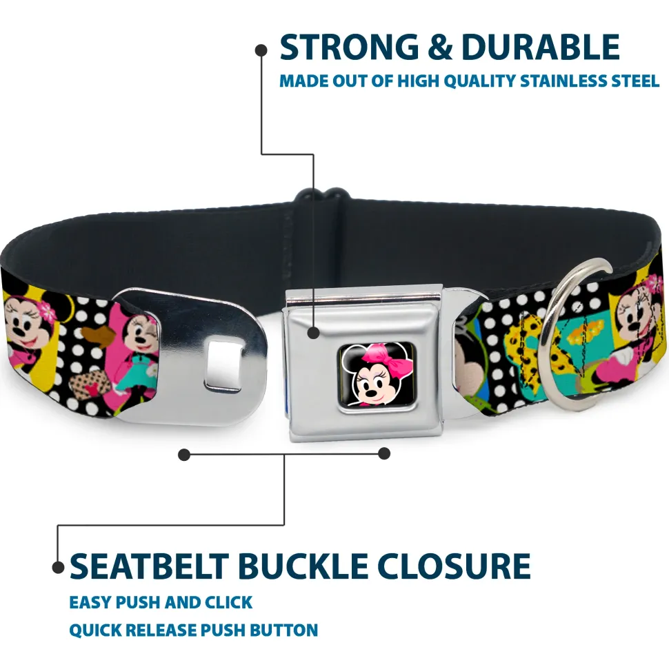 Mini Minnie Mouse Face CLOSE-UP Full Color Black Seatbelt Buckle Collar - Mini Minnie Fashion Poses/Polka Dot Black/White/Multi Color