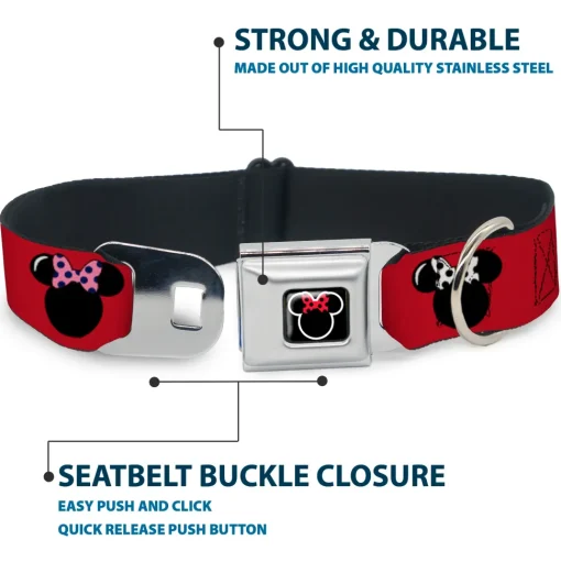 Minnie Mouse Outline Full Color Black White Red Polka Dot Seatbelt Buckle Collar - Minnie Mouse Silhouette Red/Black/Polka Dot