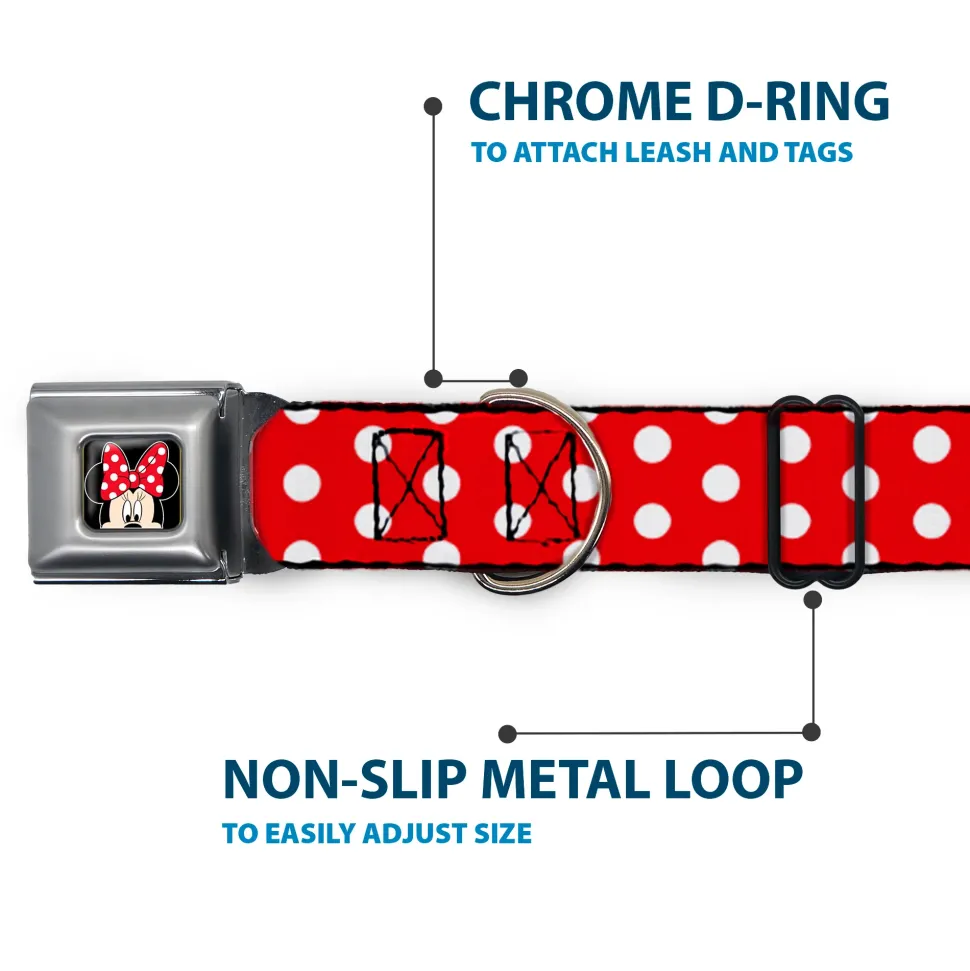 Minnie Mouse w Bow CLOSE-UP Full Color Black Red White Seatbelt Buckle Collar - Minnie Mouse Polka Dots Red/White