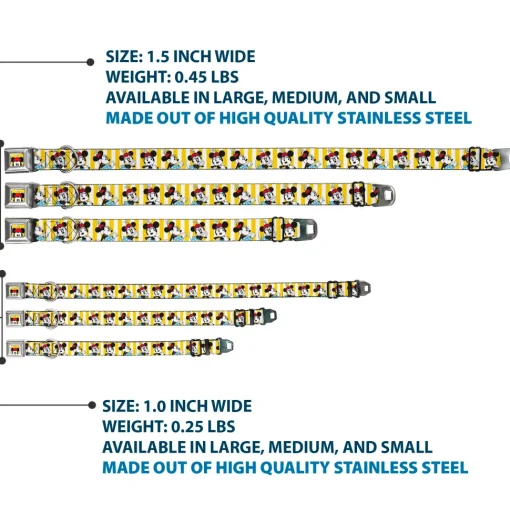 Minnie Mouse w Hat CLOSE-UP Full Color Yellow Seatbelt Buckle Collar - Minnie Mouse w/Hat Poses Stripe Yellow/White