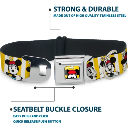 Minnie Mouse w Hat CLOSE-UP Full Color Yellow Seatbelt Buckle Collar - Minnie Mouse w/Hat Poses Stripe Yellow/White