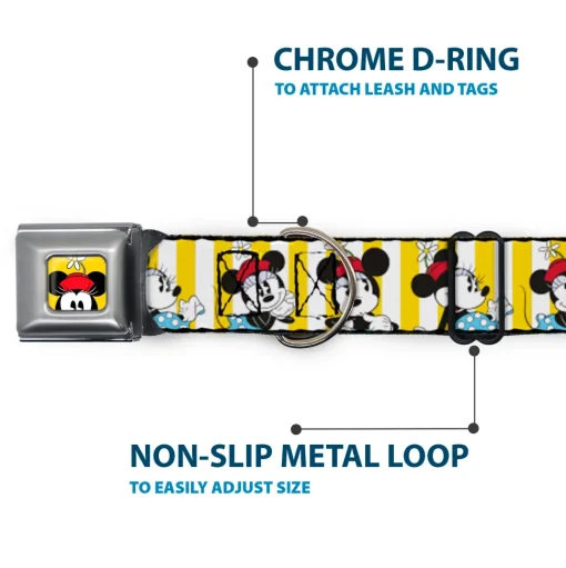 Minnie Mouse w Hat CLOSE-UP Full Color Yellow Seatbelt Buckle Collar - Minnie Mouse w/Hat Poses Stripe Yellow/White