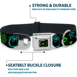 Monsters Eye Full Color Black/Neon Green Seatbelt Buckle Collar - Monsters Inc. Sully & Mike Poses/GRRRRR! Black/Turquoise/Green
