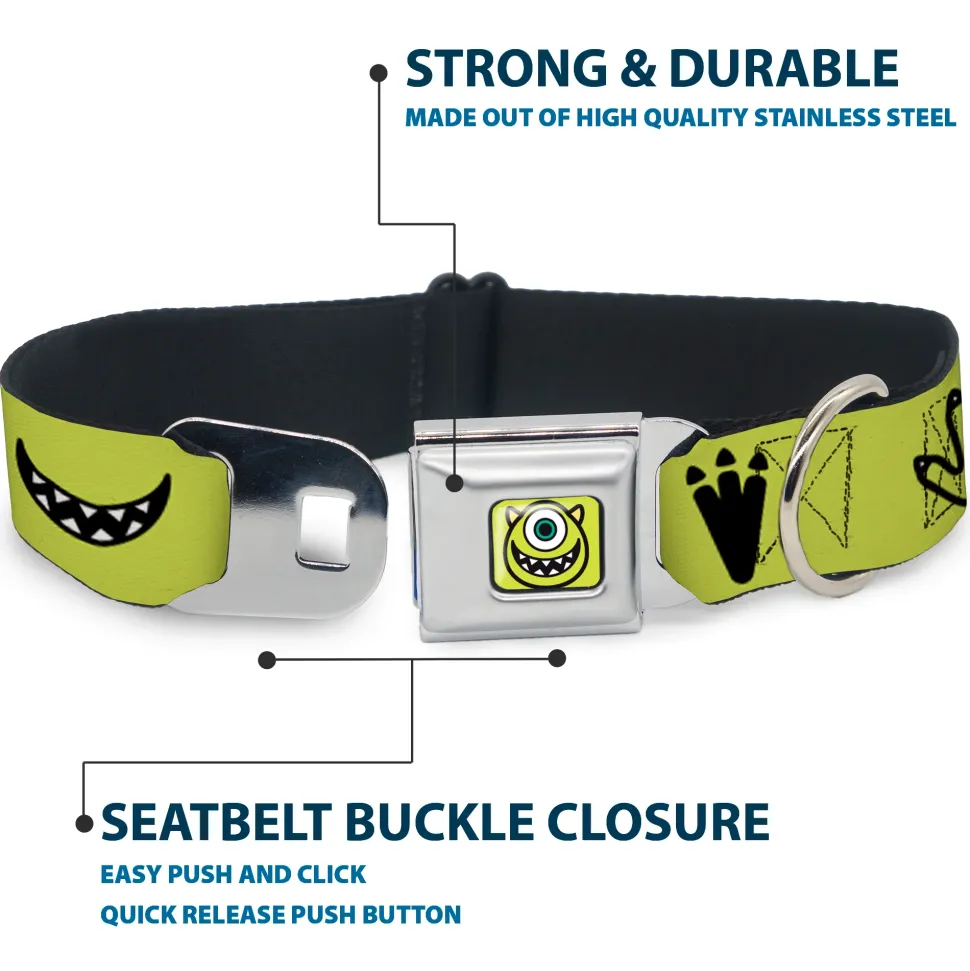 Monsters Inc. Mike Smiling Face Full Color Greens/Black/White Seatbelt Buckle Collar - Monsters Inc. Mike 4-Icons Greens/Black/White