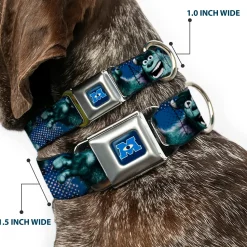 Monsters University Logo Full Color Blue White Seatbelt Buckle Collar - Sulley Scare Pose/Dots Blues/White