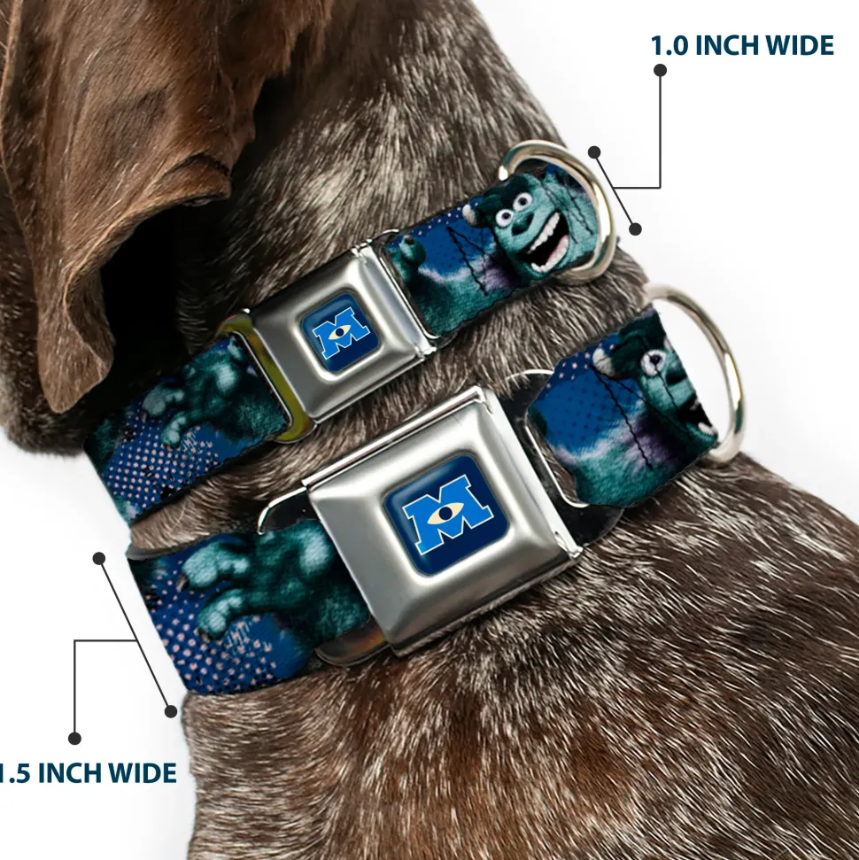 Monsters University Logo Full Color Blue White Seatbelt Buckle Collar - Sulley Scare Pose/Dots Blues/White
