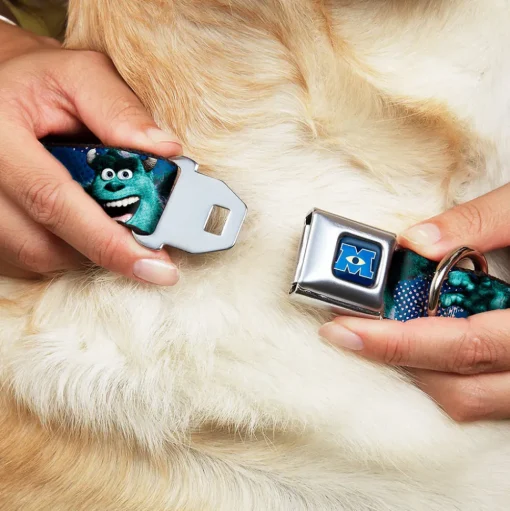 Monsters University Logo Full Color Blue White Seatbelt Buckle Collar - Sulley Scare Pose/Dots Blues/White