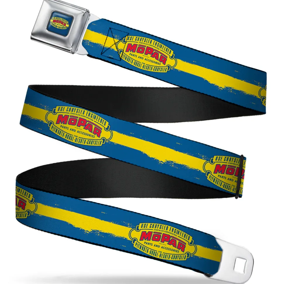 MOPAR 1937-1947 Logo Full Color Blue Yellow Red Seatbelt Belt - MOPAR 1937-1947 Logo-USE CHRYSLER ENGINEERED MOPAR PARTS AND ACCESSORIES/Paint Stripe Blue/Yellow/Red Webbing