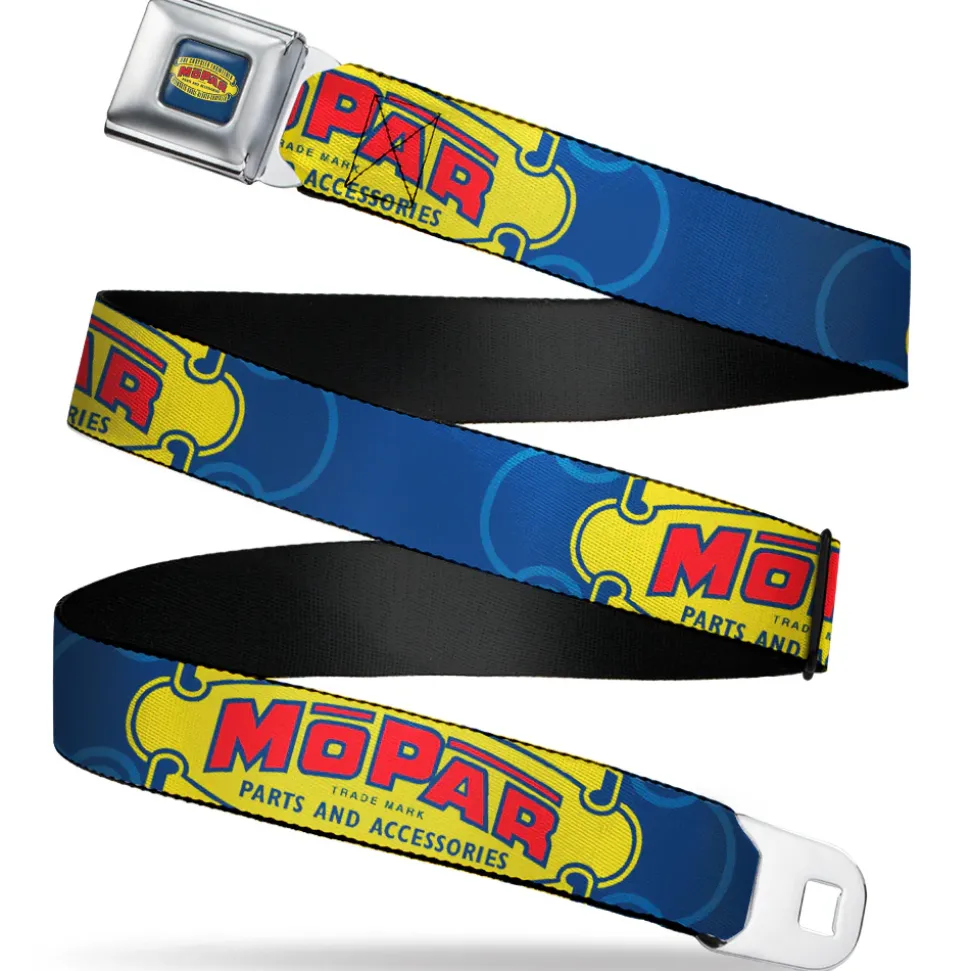 MOPAR 1937-1947 Logo Full Color Blue/Yellow/Red Seatbelt Belt - MOPAR 1937-1947 Logo-USE CHRYSLER ENGINEERED MOPAR PARTS AND ACCESSORIES Blue/Yellow/Red Webbing